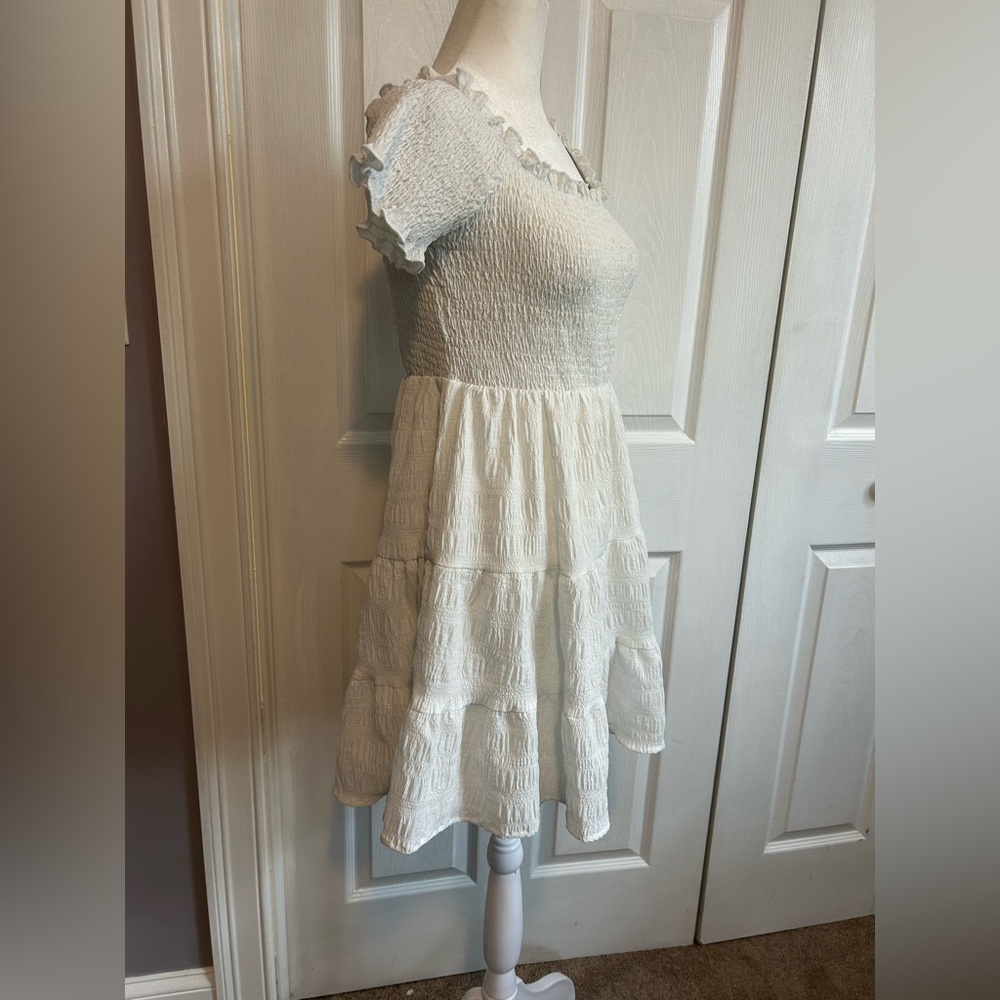 White Mini Sundress with Tiered Skirt and Off-the-Shoulder Neckline - Picture 5 of 12